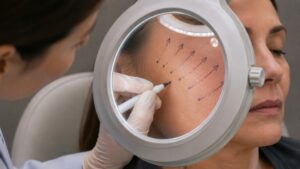 Thread Lift Mapping Doctor Drawing Lifting Arrows on Mature Woman Cheek Through Magnifying Lamp with Surgical Marker Pen in Aesthetic Clinic Close-Up